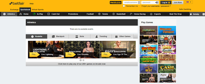 The homepage of Betfair betting site