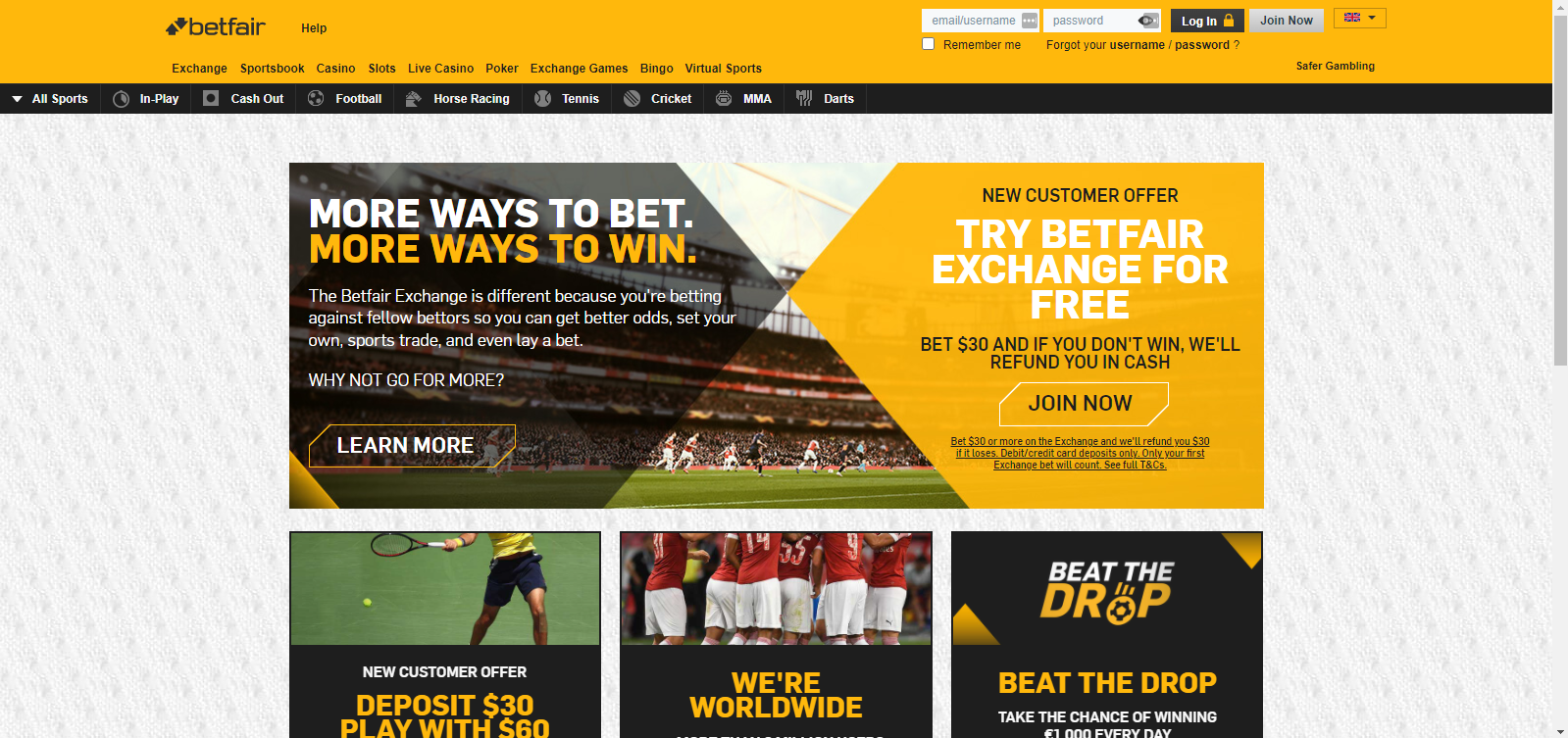 A beautiful Betfair official website for betting on different sports