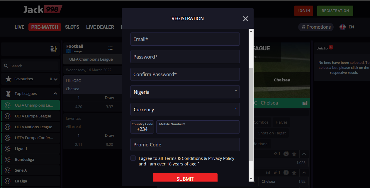 An image of the Jack988 sportsbook sign-up form