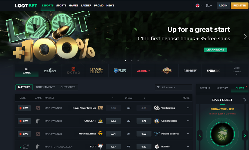 Main page of Loot.bet Sportsbook