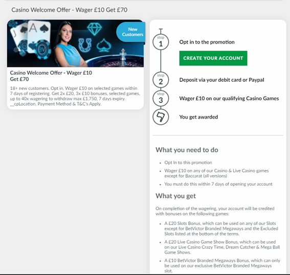 Image of the BetVictor Welcome bonus page