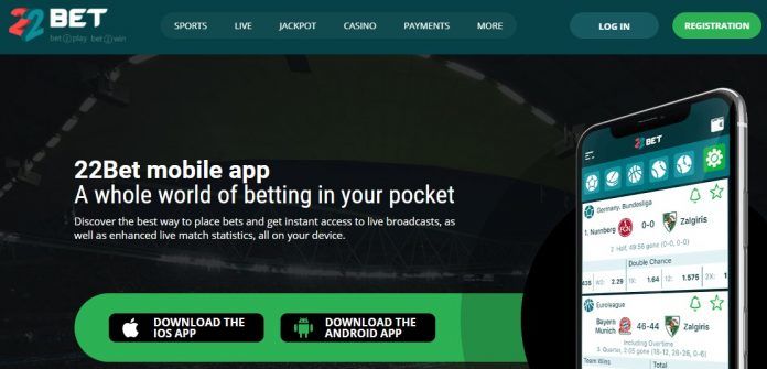 An image of the 22Bet mobile app page