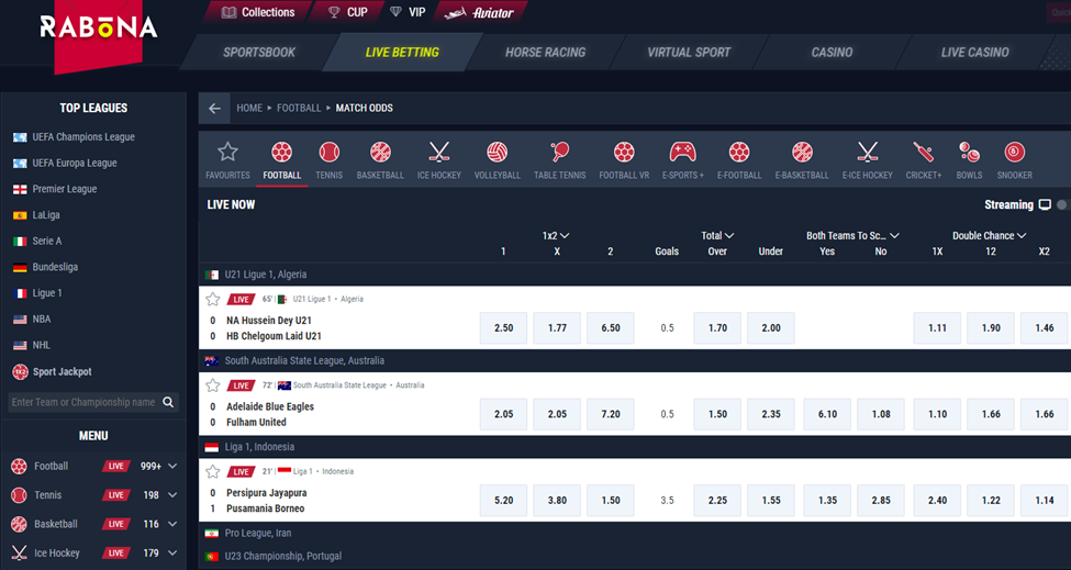 Main Page of Rabona Sportsbook Live Betting Section