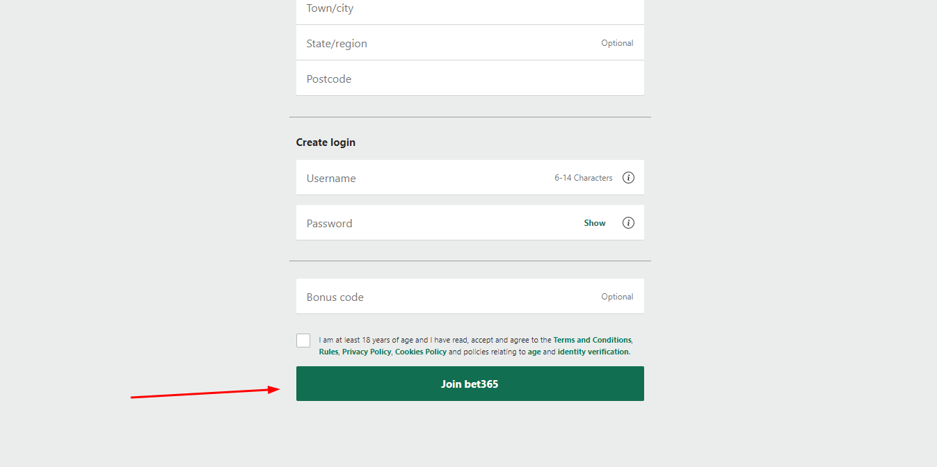 Graphic showing the registration button required to submit details and access bet365