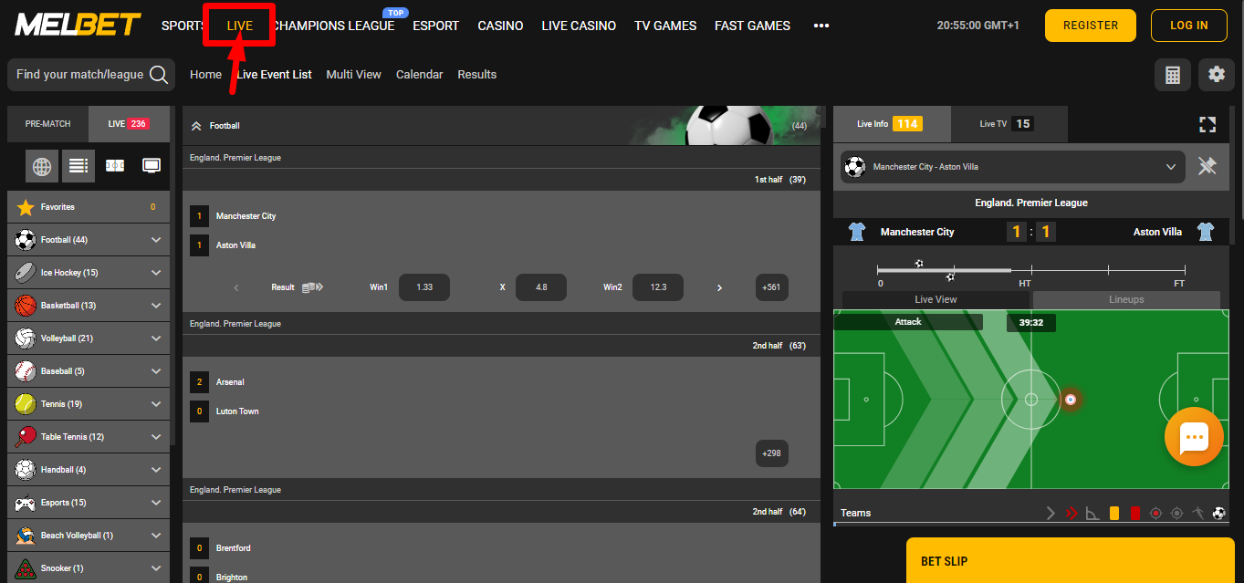Image of Melbet Live Betting Page