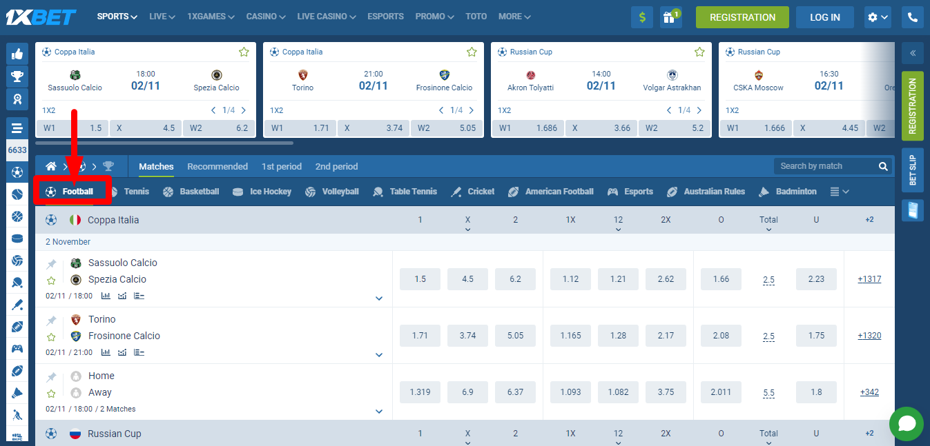 Image of 1xBet Football Betting Page