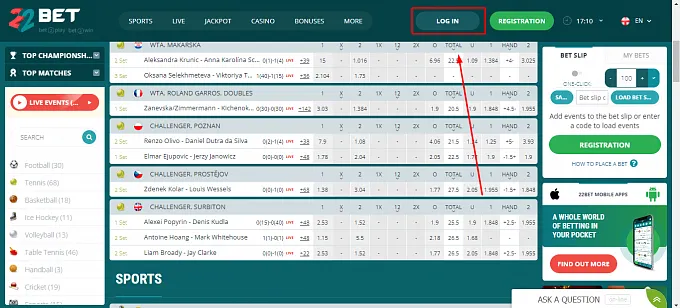 Visit the 22Bet official website