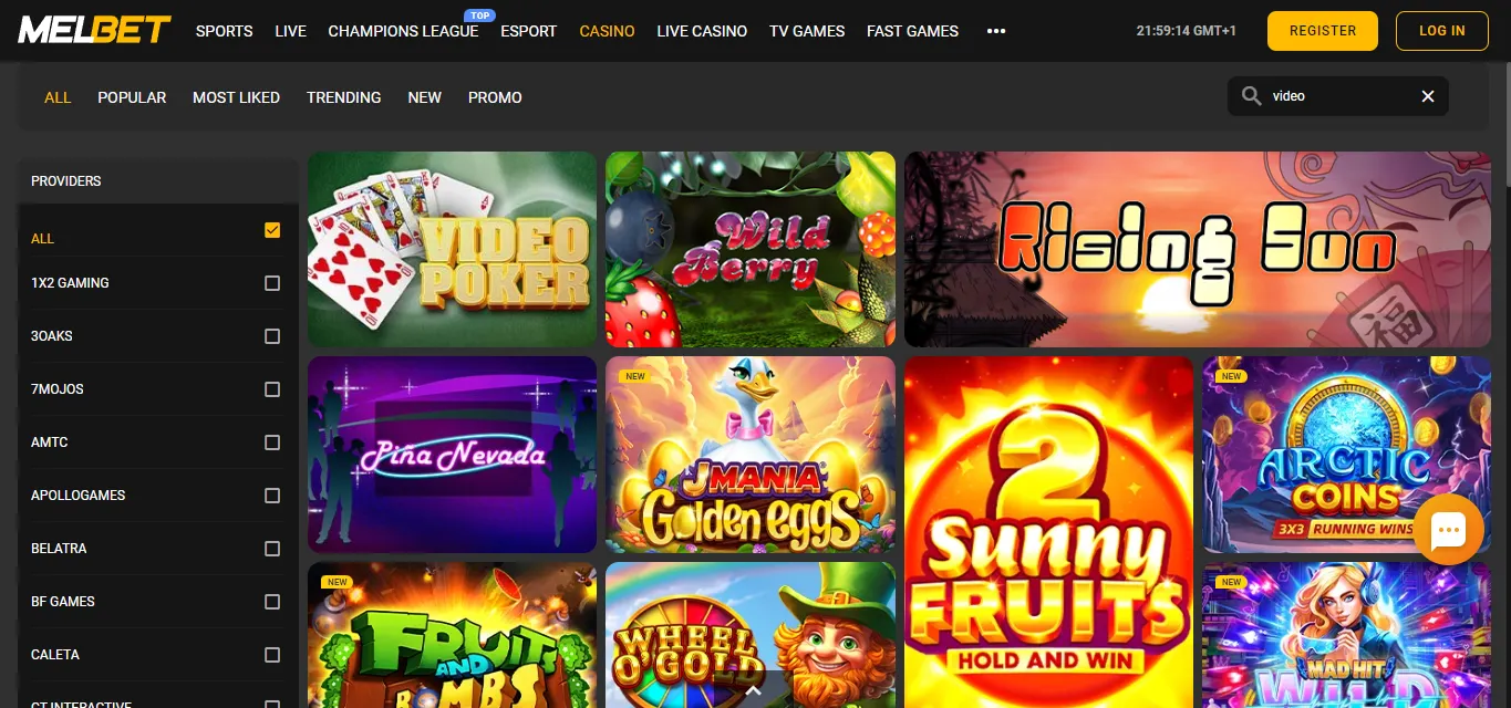 Image of Melbet Video Poker Page