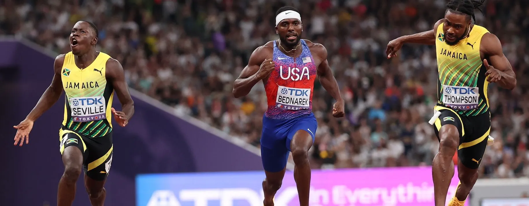 Oblique Seville of Jamaica crossing the finish line for gold. @Worldathletics