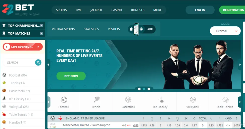 Main menu of 22bet Nigeria Website