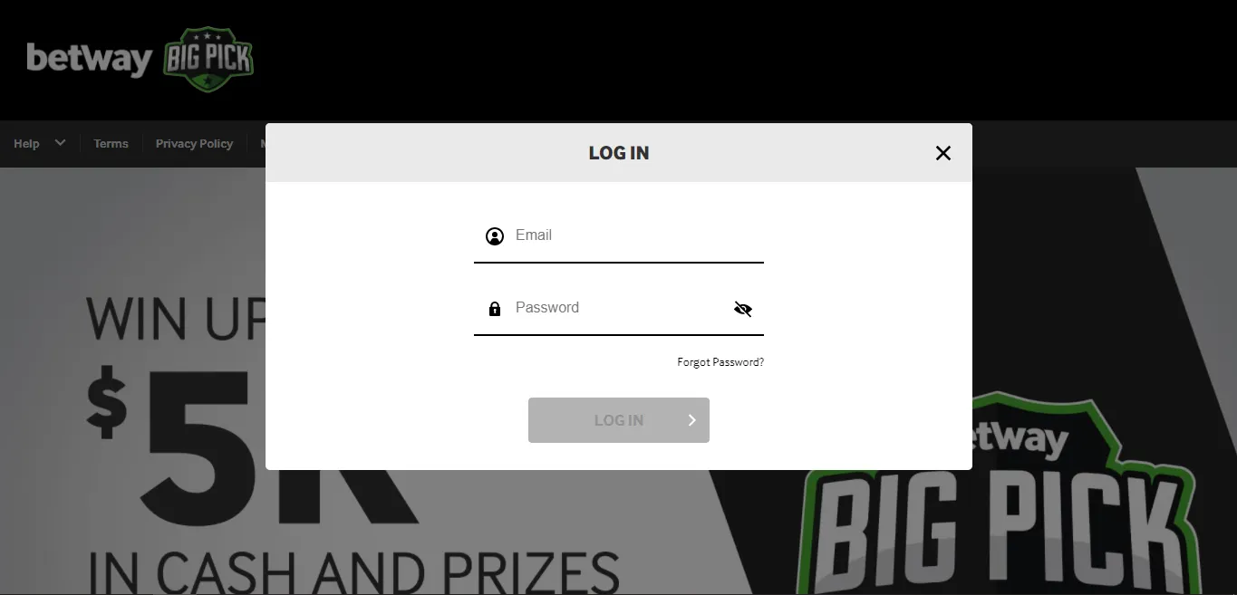 An image of the Betway login popup page