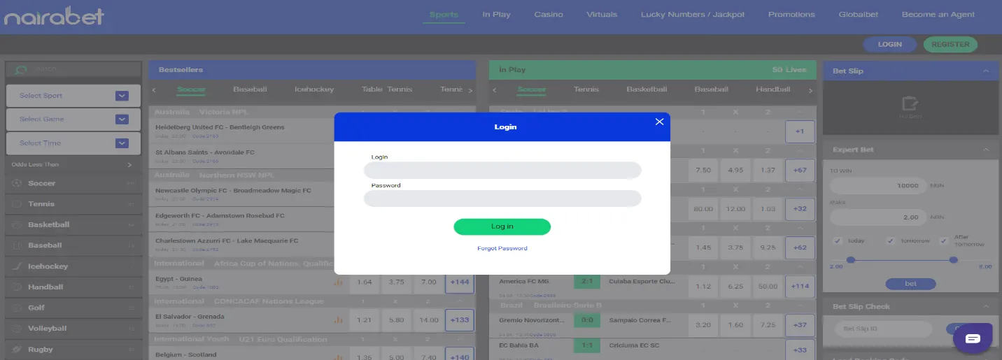 Logging into the NairaBet account