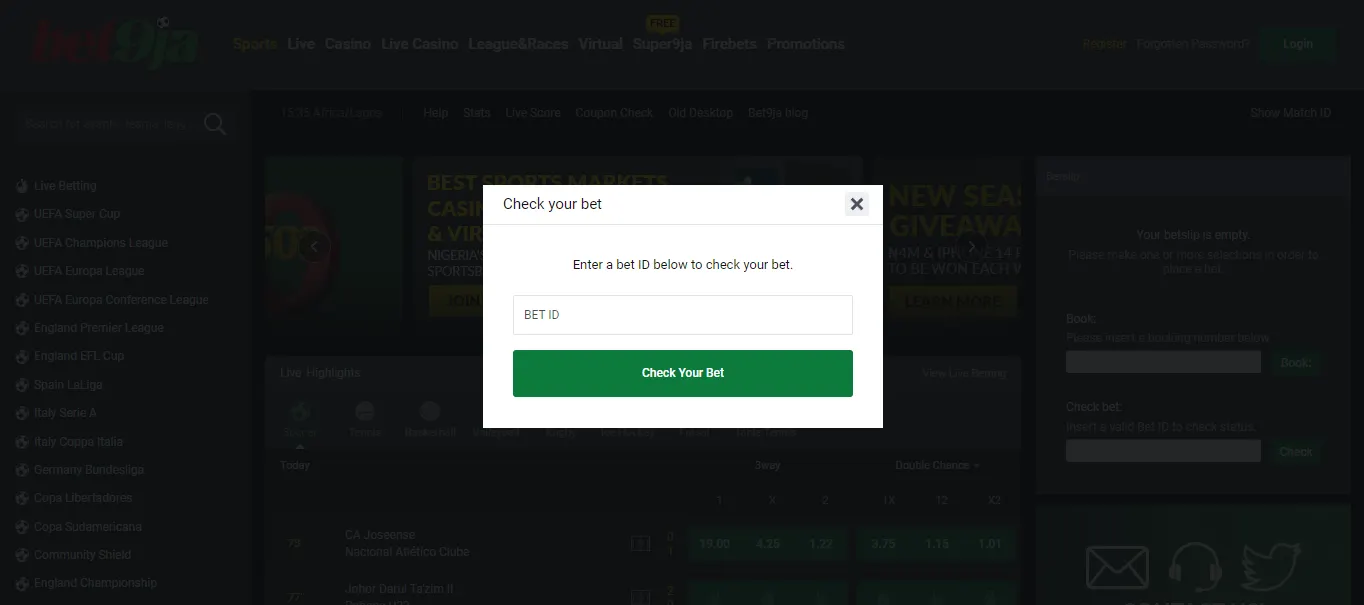 An image of the Bet9ja coupon check page