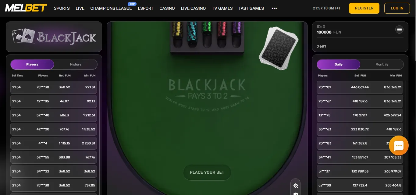 Image of Melbet Table Games Page