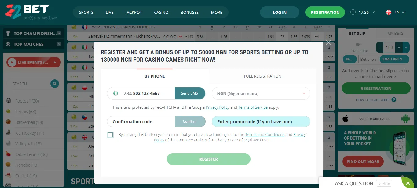 22Bet registration form