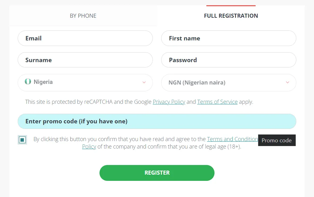 Email registration form as provided by 22bet Nigeria