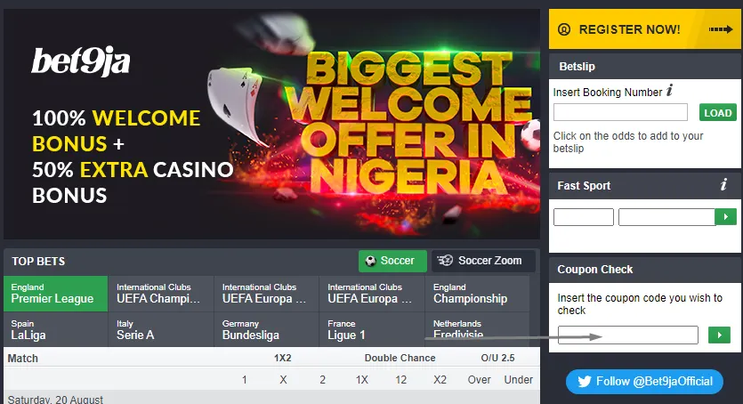 An image of the Bet9ja coupon check homepage