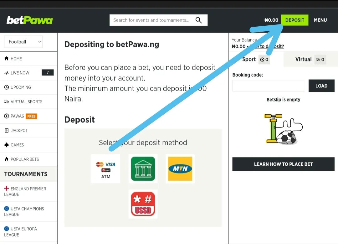The Betpawa webpage shows how to deposit with different options available.