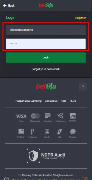 Bet9ja Login Account Form Image
