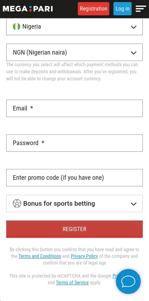 Megapari sign-up process