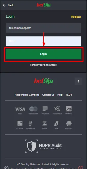 Bet9ja Login Account Form Image