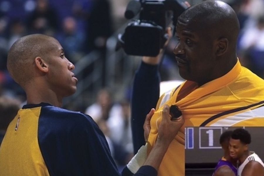 Shaq curls.. not with bars. but with Reggie Miller in his arms...