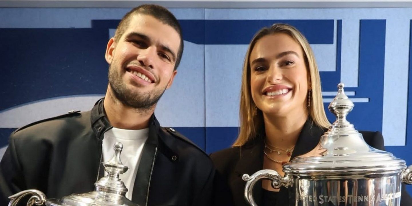 Sabalenka and Alcaraz Photographed With US Open Trophies