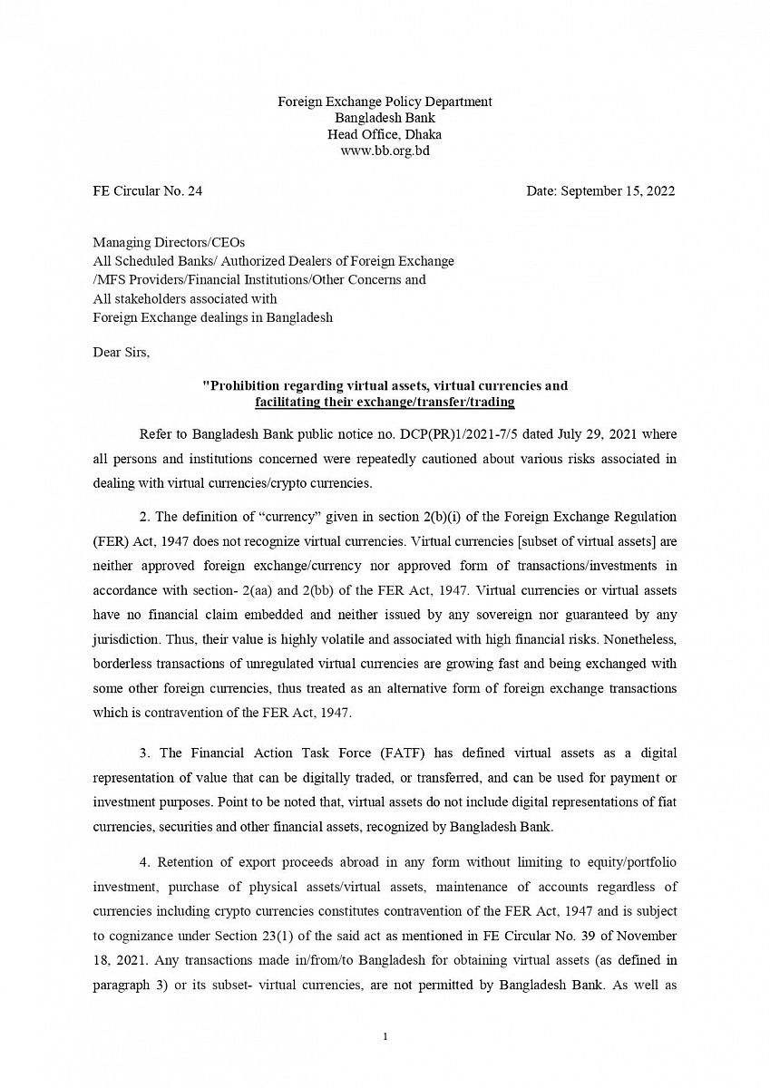 Bangladesh Bank’s ruling on crypto 
