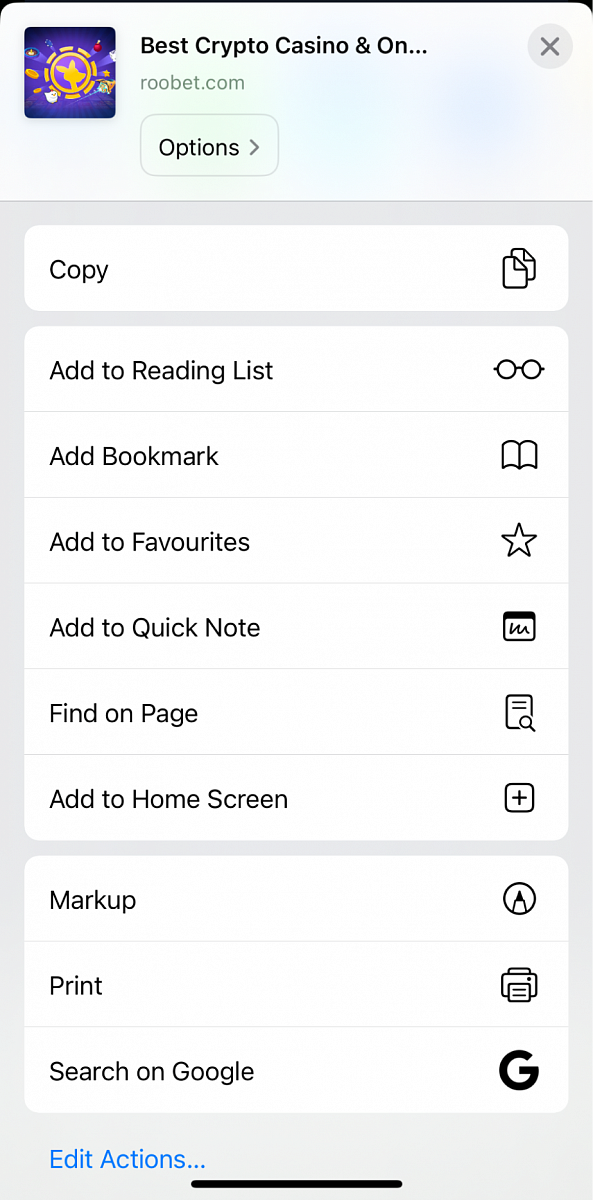 Roobet iOS Add to Home Screen Option 
