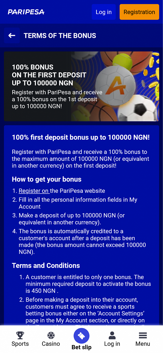 Paripesa First Deposit bonus mobile app page image