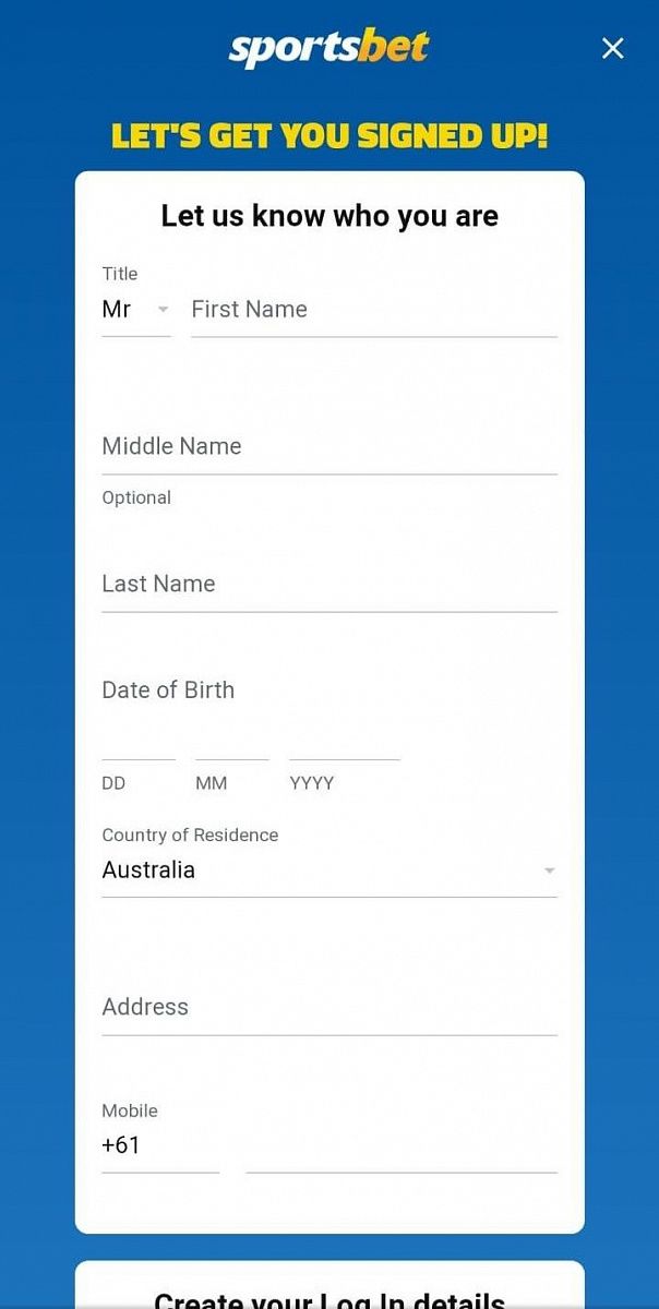 Page for signing up and registering with your account at Sportsbet Android app