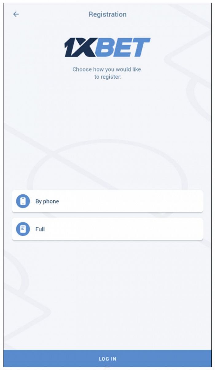  Página do registo da app 1xBet Android
