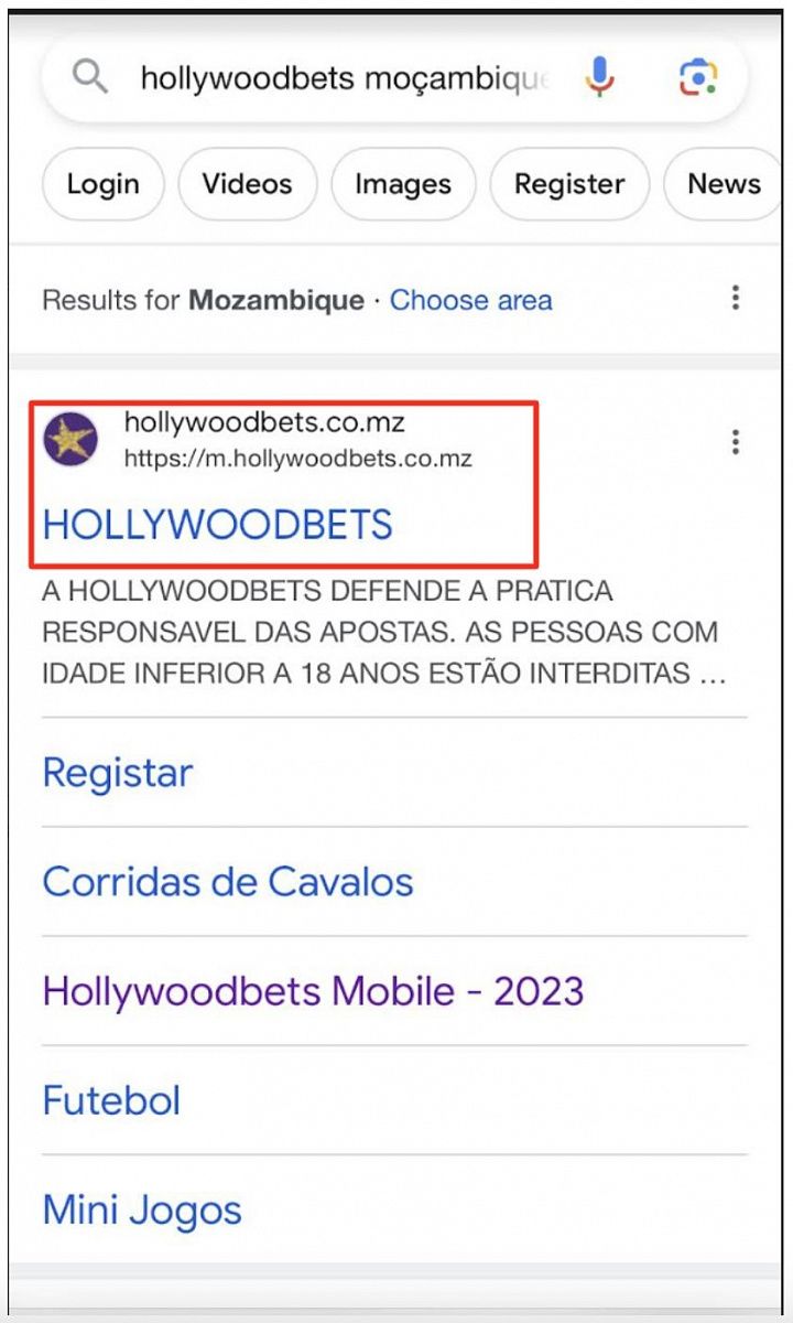 Página da pesquisa da Hollywoodbets Moçambique