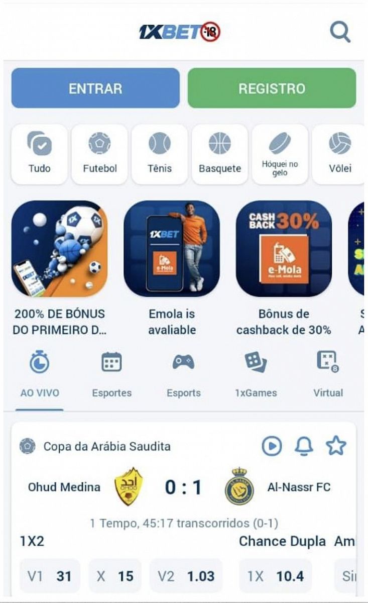 Pagina inicial da app 1xBet Android