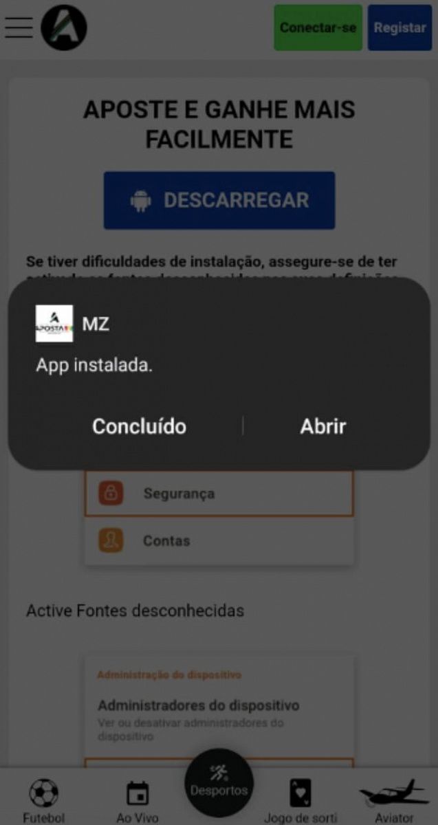 Instalação da app da Aposta258 Moçambique concluída no dispositivo Android Samsung