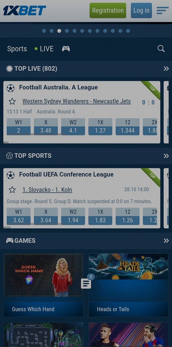 1xBet mobile version.