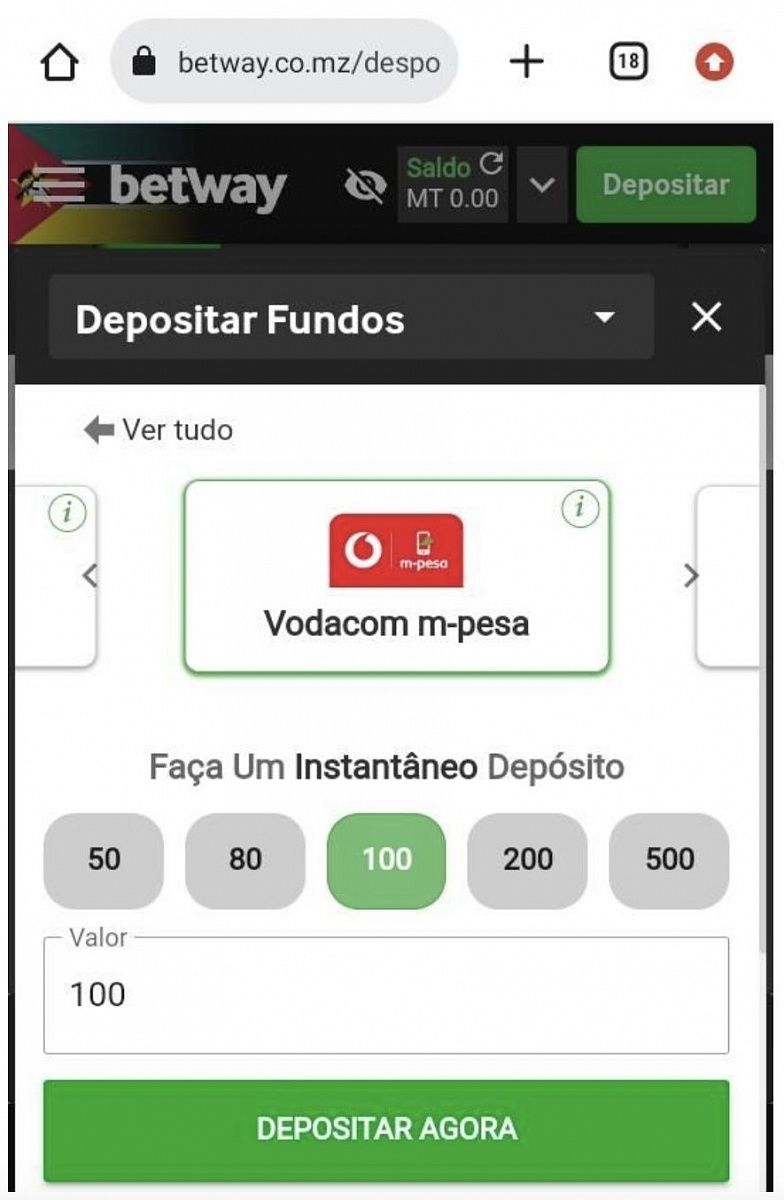 Montante de depósito na versão Android via M-Pesa
