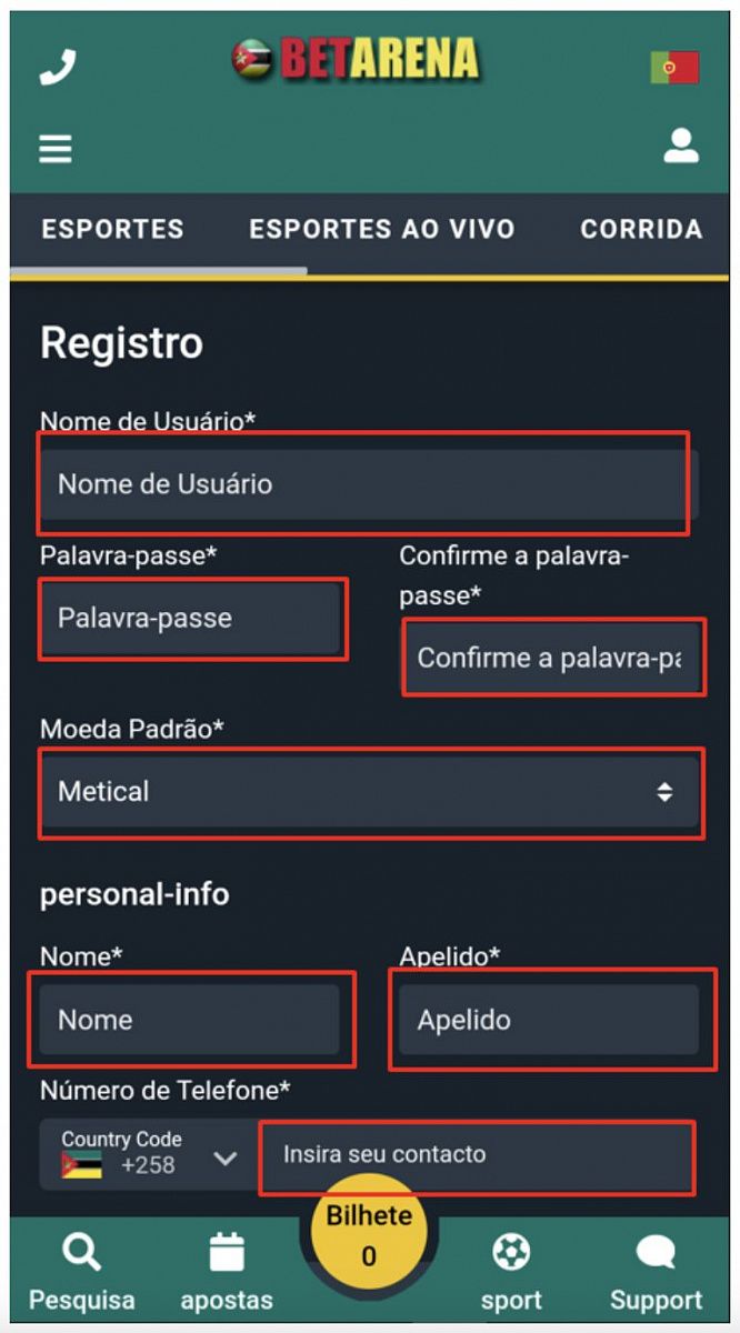 Registo na BetArena via mobile, passo 4