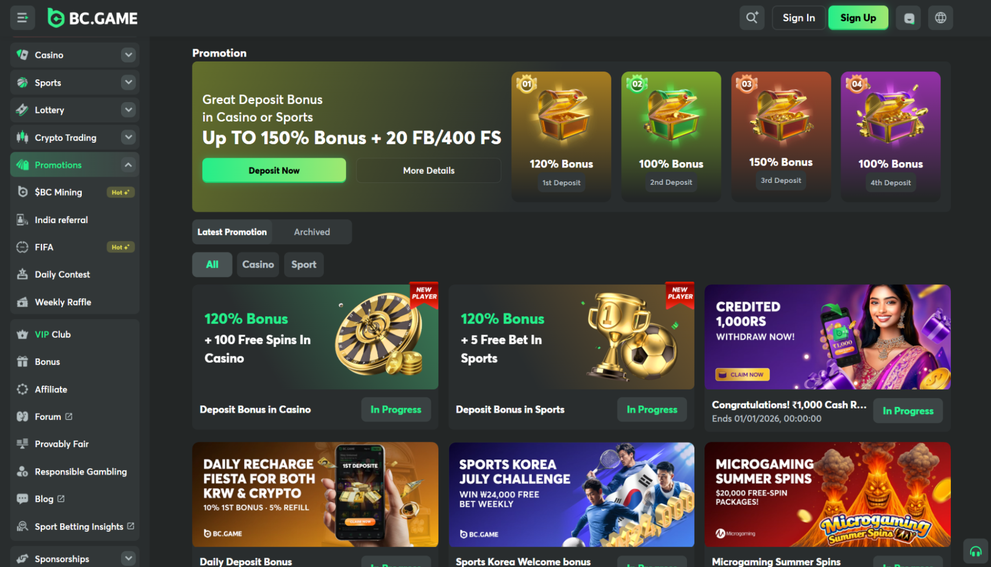 Image showing all promos at Bc Game