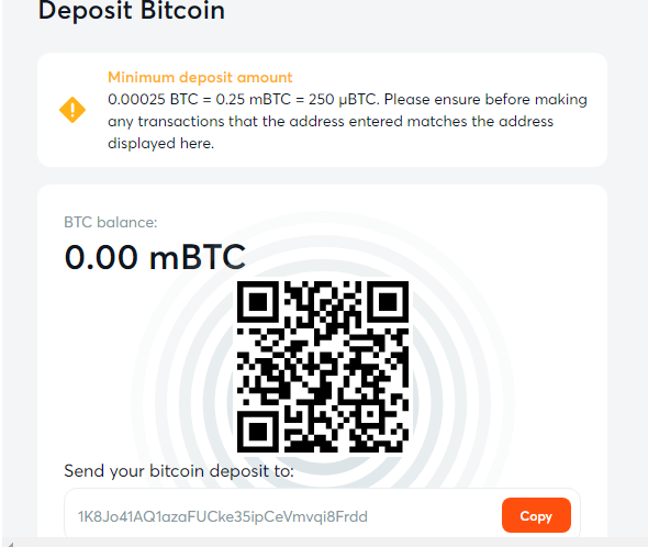 An image of the Bitcasino deposit methods page