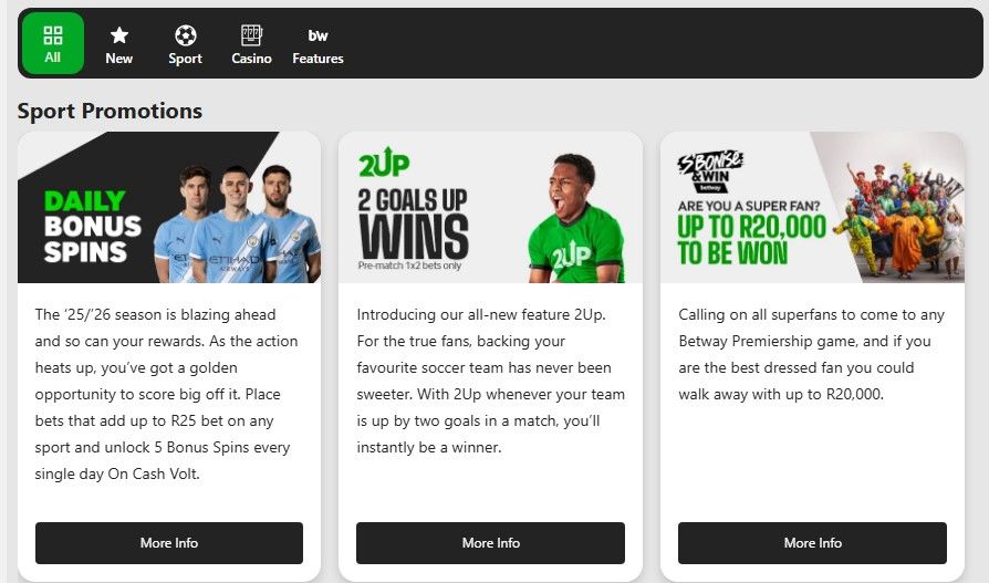 Image ofBetway Mobile App Bonuses Page
