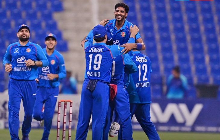 AFghanistan players celebrate their victory over Bangladesh in the third ODI of the series in abu Dhabi on Tuesday night. @ Afghanistan Cricket Board/X