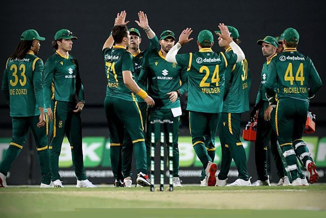 South African players celebrate a wicket. @ Proteas Men/X South African players celebrate a wicket. @ Proteas Men/X
