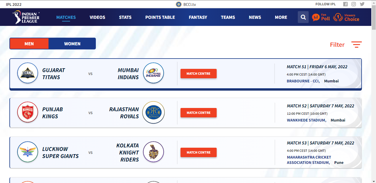 Image of the IPL 2022 fixtures page