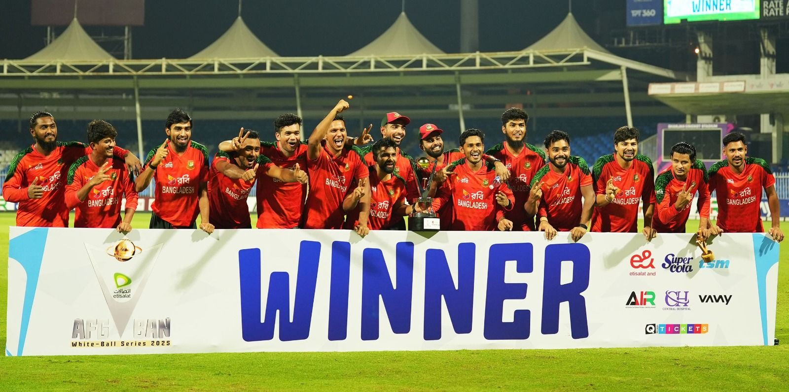 CHAMPIONS ALL: Bangladesh players celebrate after clinching the series against Afghanistan. @BCBTigers/X
