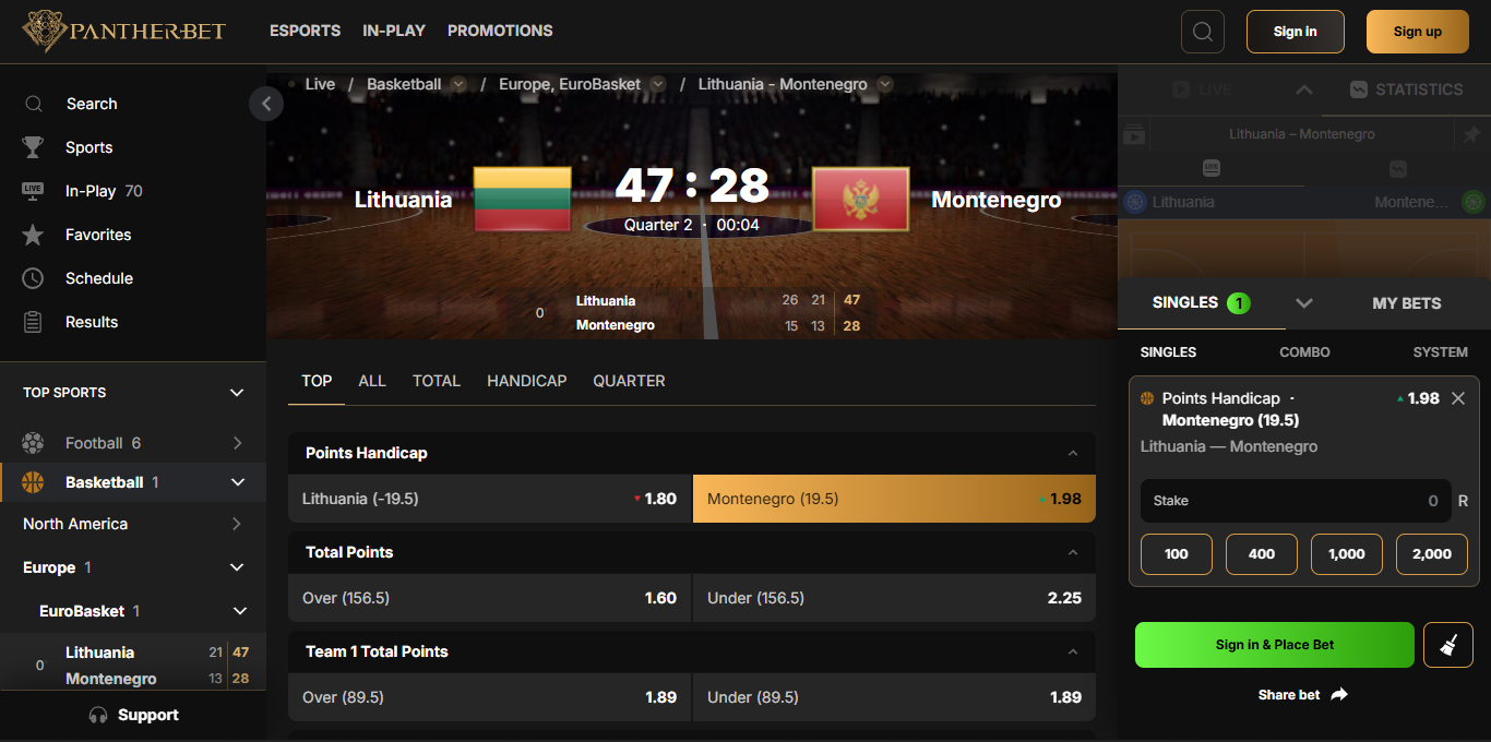 PantherBet Live Betting Odds banner v