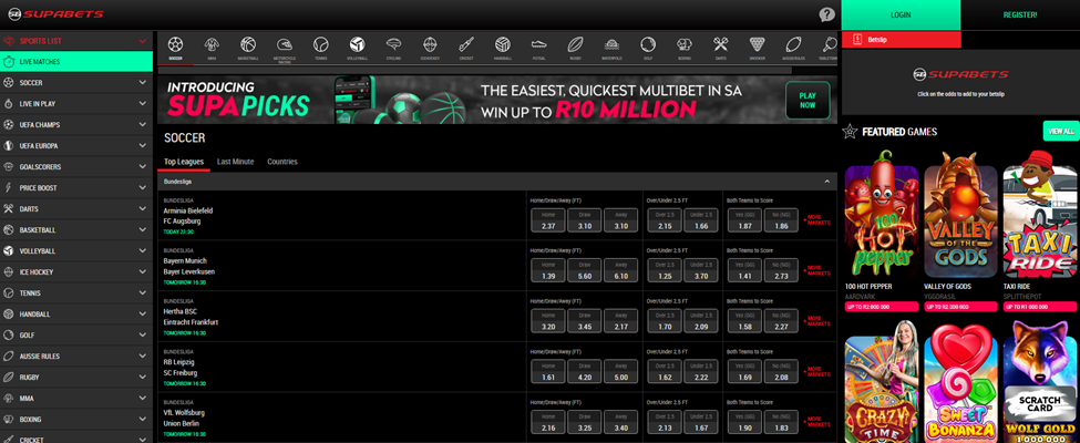 Main Page of Supabets Sportsbook