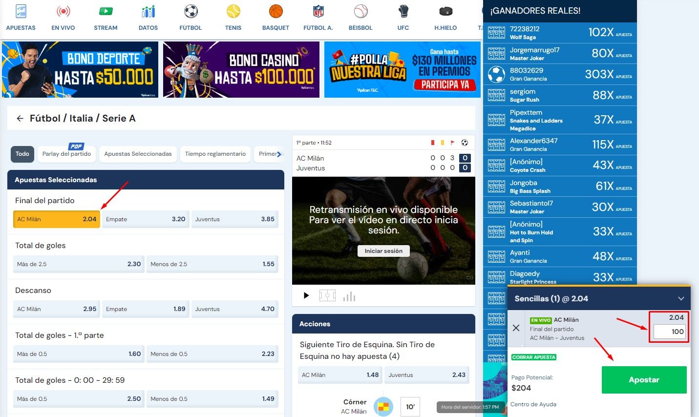 Cómo hacer una apuesta en Rushbet Colombia Se muestra una imagen mostrando la sección de deportes y el boleto de apuestas de Rushbet CO