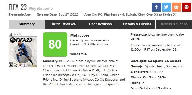 FIFA 23 Metacritic