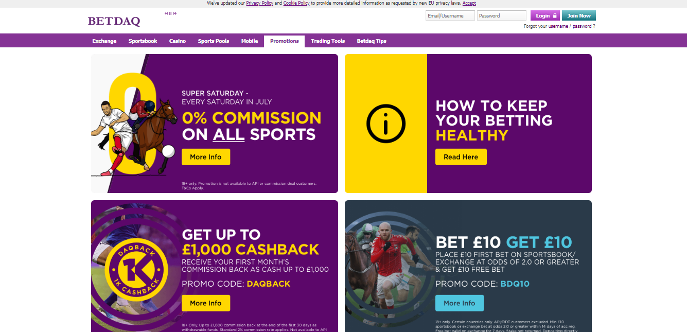 A page with available Betdaq promotions